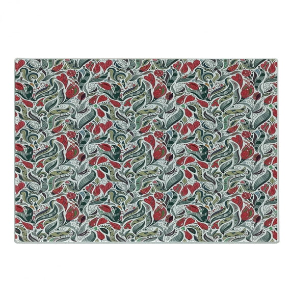 Retro Cutting Board, Colorful Boho Flowers Pattern Swirl Leaves Modern Floral Composition, Decorative Tempered Glass Cutting and Serving Board, Small Size, Grey and Hot Pink, by Ambesonne