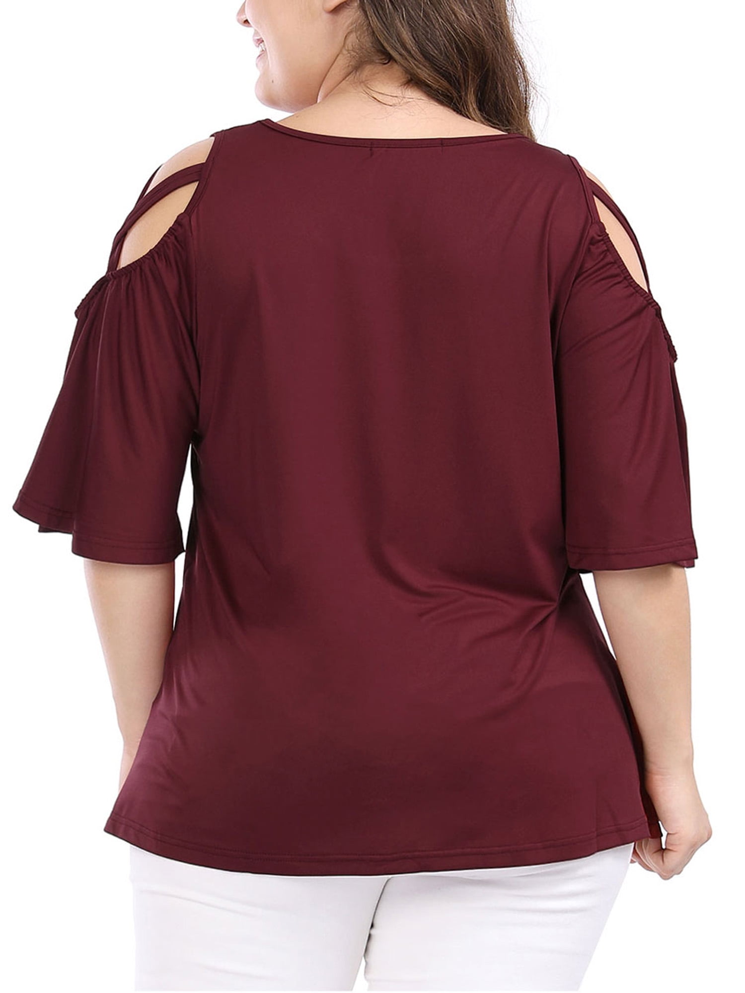 Unique Bargains Women's Plus Solid Strappy Cold Shoulder Trumpet Sleeve T-shirt
