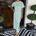 thumbnail image 2 of TSADFHJI Jupe en Jean Longue Motif Rayé Poche Latérale Robe T-Shirt Décontractée pour Femmes Manches Courtes avec Ourlet Fendu Col Rond Robe de Mode L Vert, 2 of 4