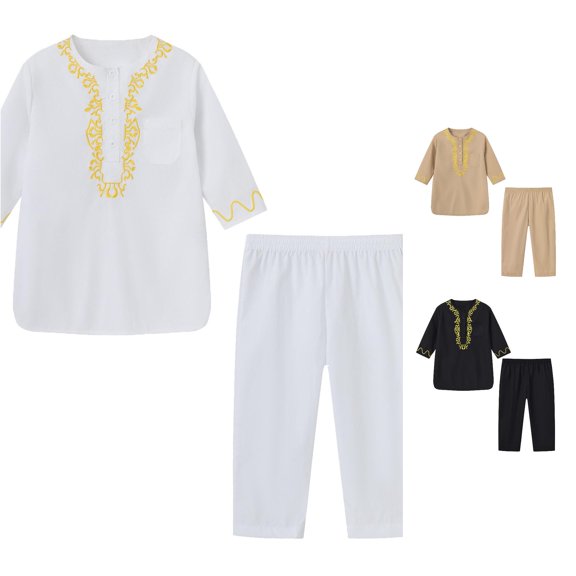 RMGVDSD Boys 2 Piece Ethnic Style Thobe Outfits Set Embroidery Long Sleeve Tunic Tops And Elastic Waist Pants Robe Suit Kids Festival Clothes 8-9 Years