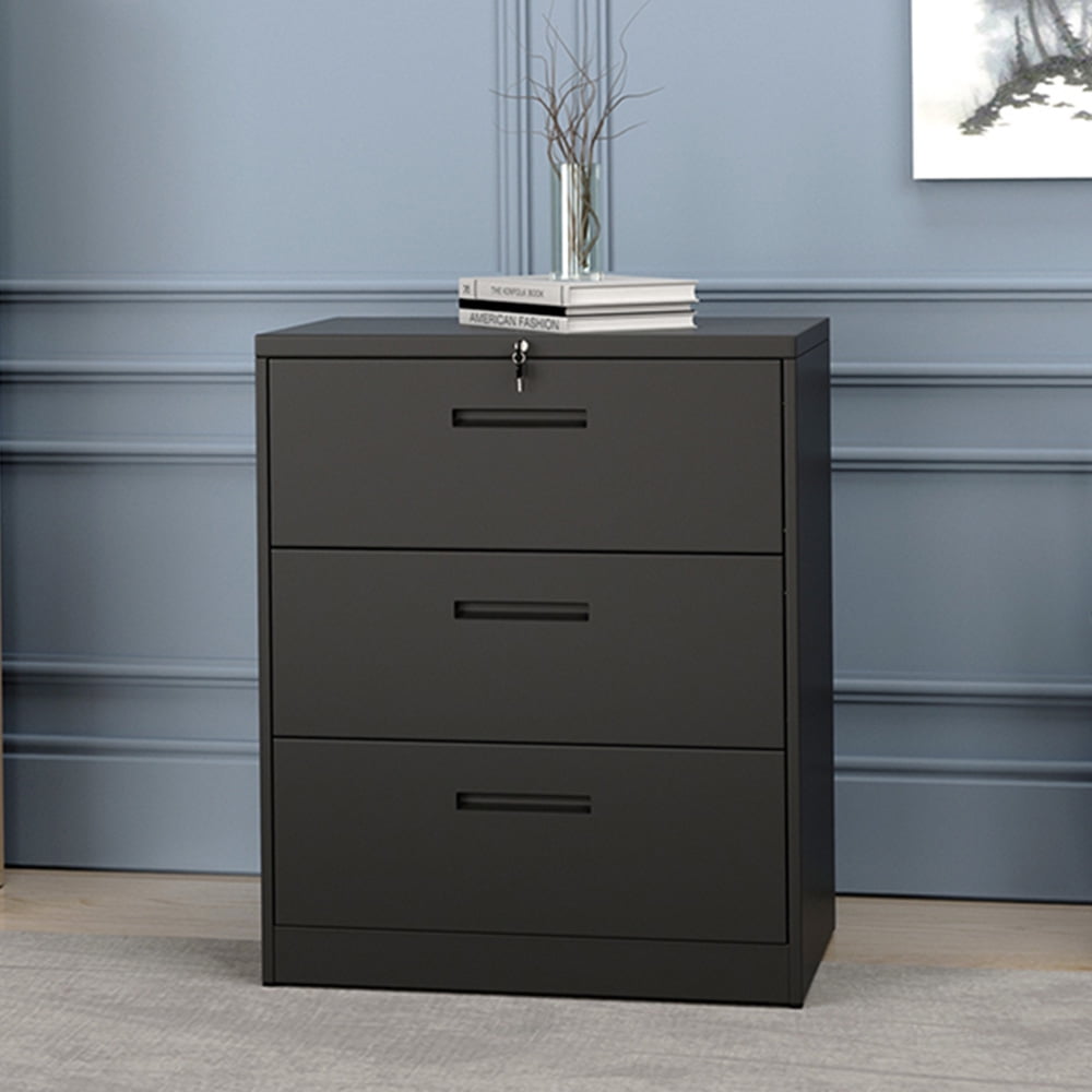 Kepooman 3-Drawer Lockable Lateral Metal File Cabinet for Home Office, 35.4" L x 17.7" W x 40.3"H, Black