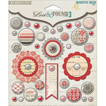 Lost & Found 3 Collection Decorative Brads, Ruby