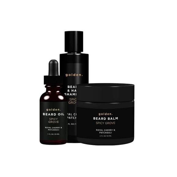 Golden Grooming Co. Paquete de barba diaria – Juego completo para el cuidado de la barba | Incluye bálsamo y champú de aceite para barba (Regular Spicy Grove)