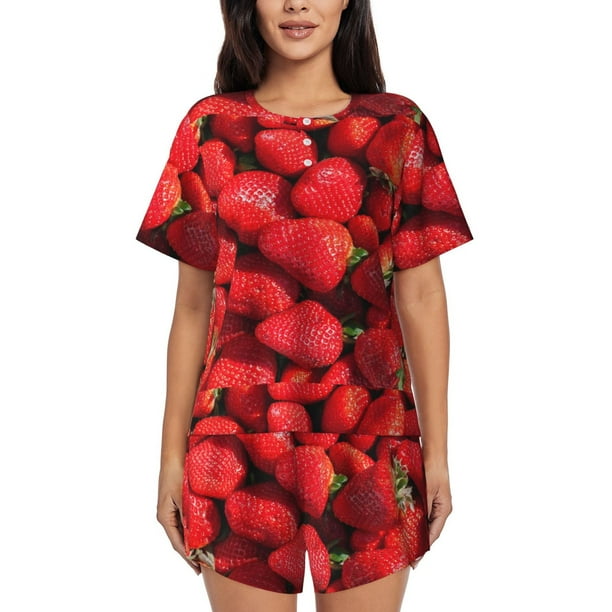 Fotbe Strawberry Red Conjunto de Pijama Estampado para Mujer, 2 Piezas, Ropa de Dormir con Camiseta de Manga Corta y Shorts Suaves-Large