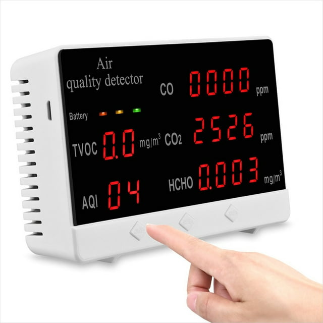 Jinsinto Air Quality Monitor Accurate Tester for CO2 Formaldehyde (HCHO) TVOC/AQI Multifunctional Air Gas Detector Real-time Data and Average Value Record for Home Office and Various Occasions - Silver