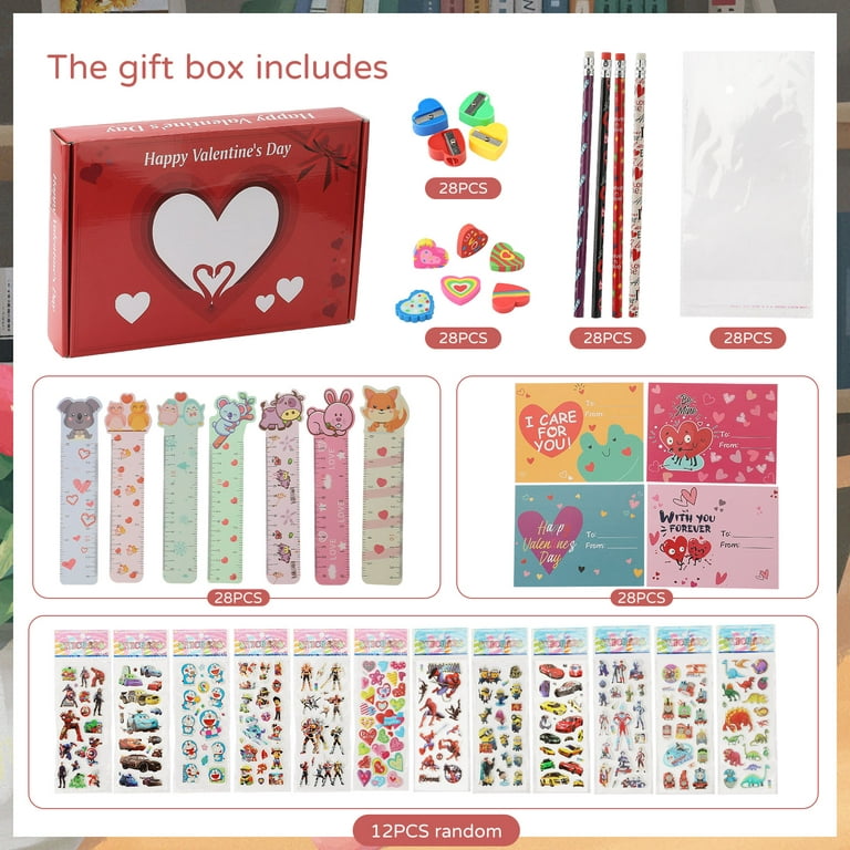 Valentines Day Gifts for Kids Classroom, 28 Pack Stationery Kit with Pencil  Eraser Stamper Valentines Cards for Kids Classroom School Prizes Exchange