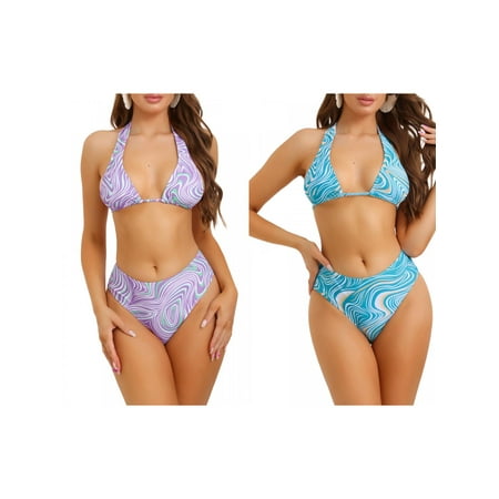 Women s Halter Lace Up Bikini Sets  Two Piece Swimsuit High Cut Triangle Thong Bottom Combination Set X-Large Purple  Blue