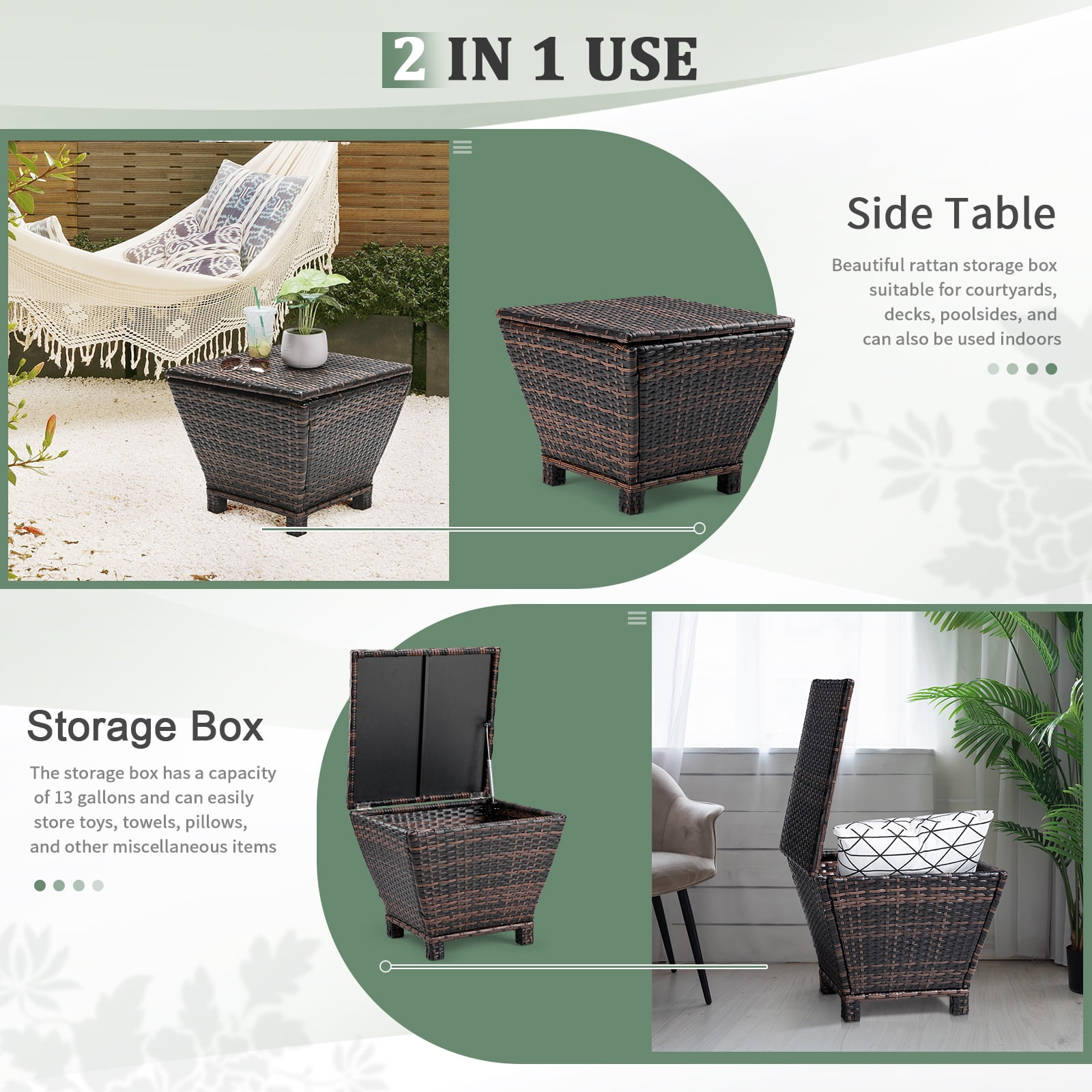 Brown Gradient Outdoor PE Rattan Storage Side Table 13 Gallon Weather Resistant Patio End Table With Pneumatic Lid Sturdy Iron Frame Garden Deck Accent Table