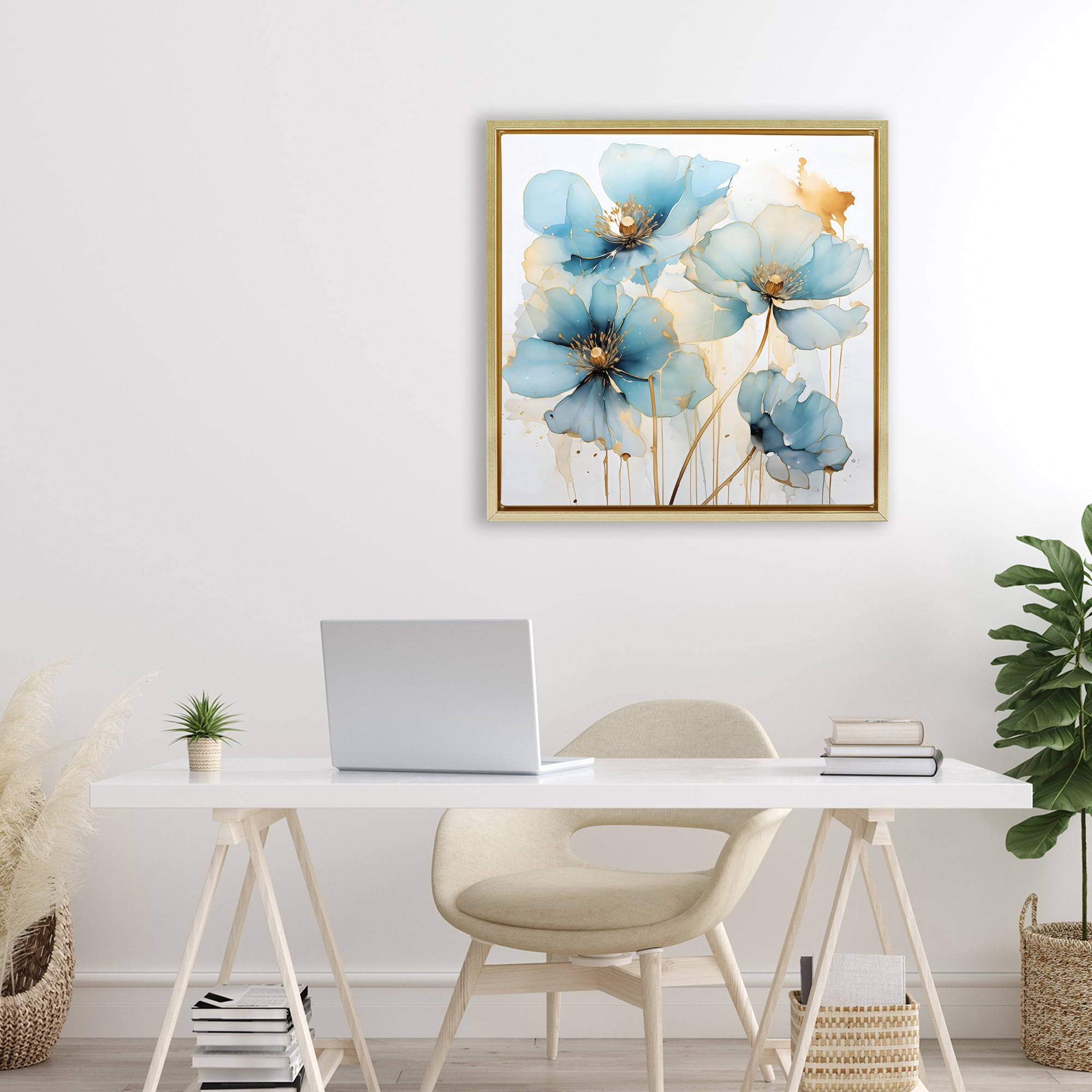 Stupell Industries Sapphire and Gold Florals Gold Framed Floater Canvas Wall Art, design by Creative Studio