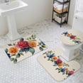 thumbnail image 3 of Colorful Rose Bathroom Rugs Set Spring Blue Red Orange Flower Vine Leaf Linen Texture Non Slip Absorbent Soft Bath Mats 3 Piece Set with Bathroom Rug, U-Shaped Floor Mat, Toilet Seat Cover Large Size, 3 of 9