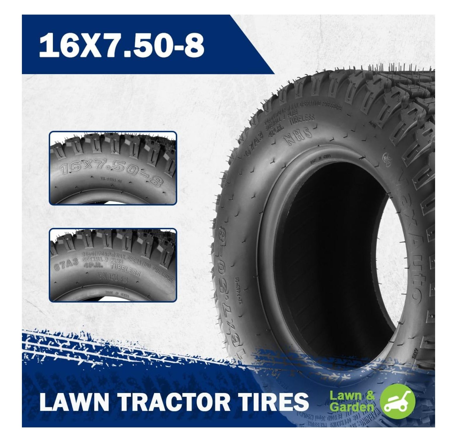 Werqueid 16x7.50-8 16x7.5x8 Turf Saver Lawn Mower Tire 4PLY, Set of 2 ...