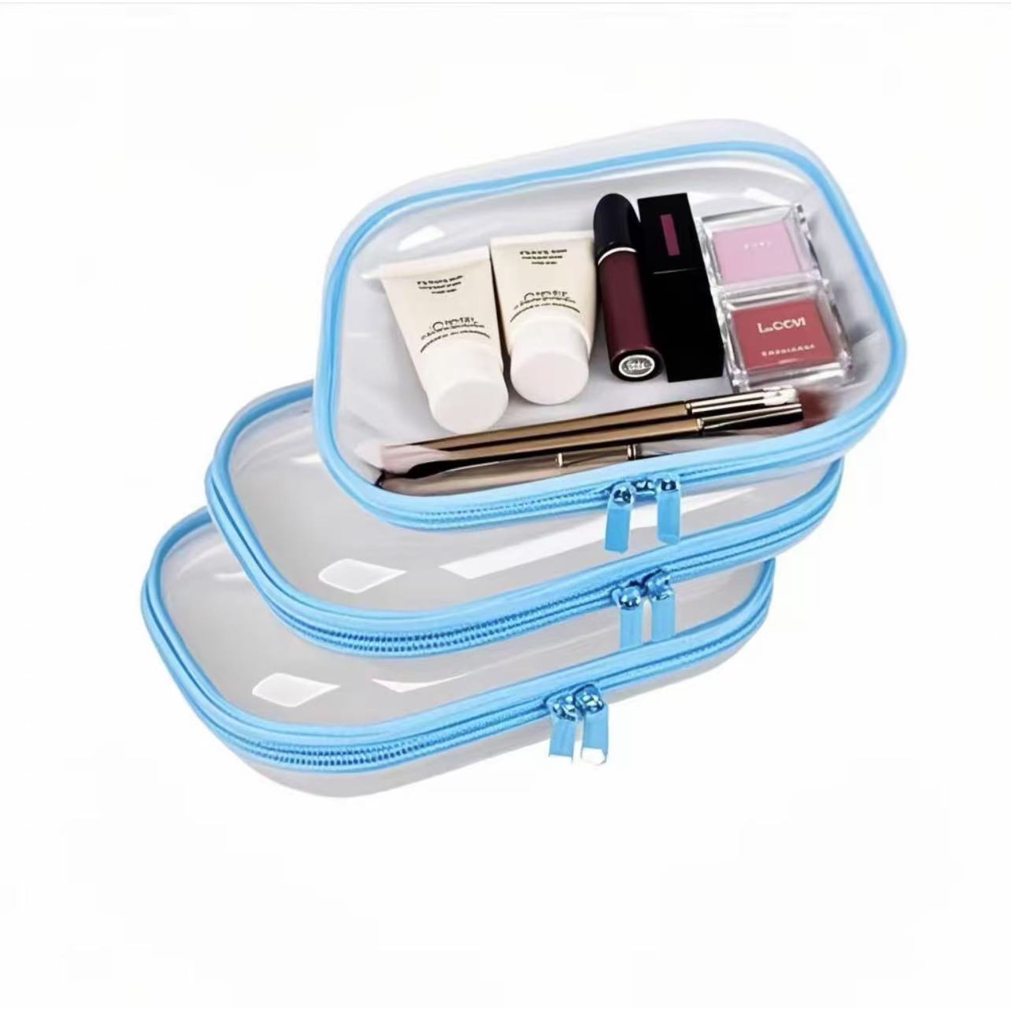 3Packs Clear Hard Shell Zipper Case Set, Transparent Travel Essentials Organizer Pouch for Diaper Bag, Cosmetics, Toys, Durable & Stackable(Blue)