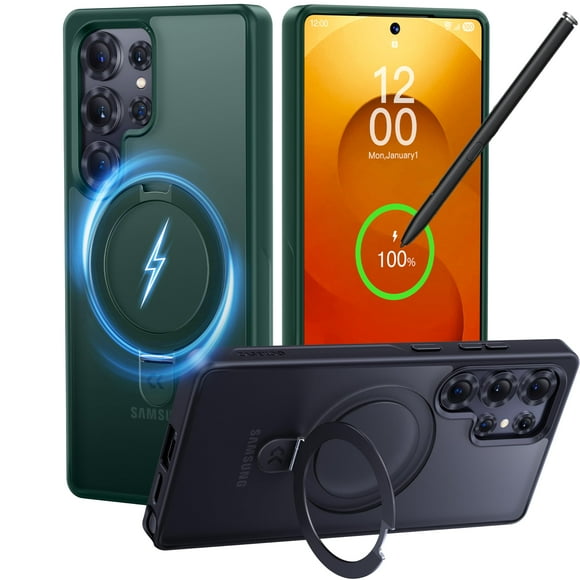 Funda de teléfono CASEKOO patentada con forma de anillo magnético con soporte para Samsung Galaxy S25 Ultra Green