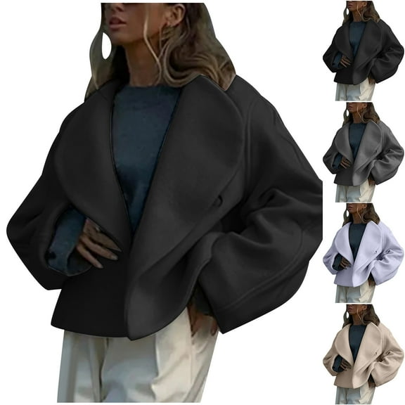 Brondbend Womens Coats Winter Womens Jackets Turndown Collar Long Sleeved Outerwear Solid Color Warm Casual Loose Fit Jacket Lady Anniversary Tops Black