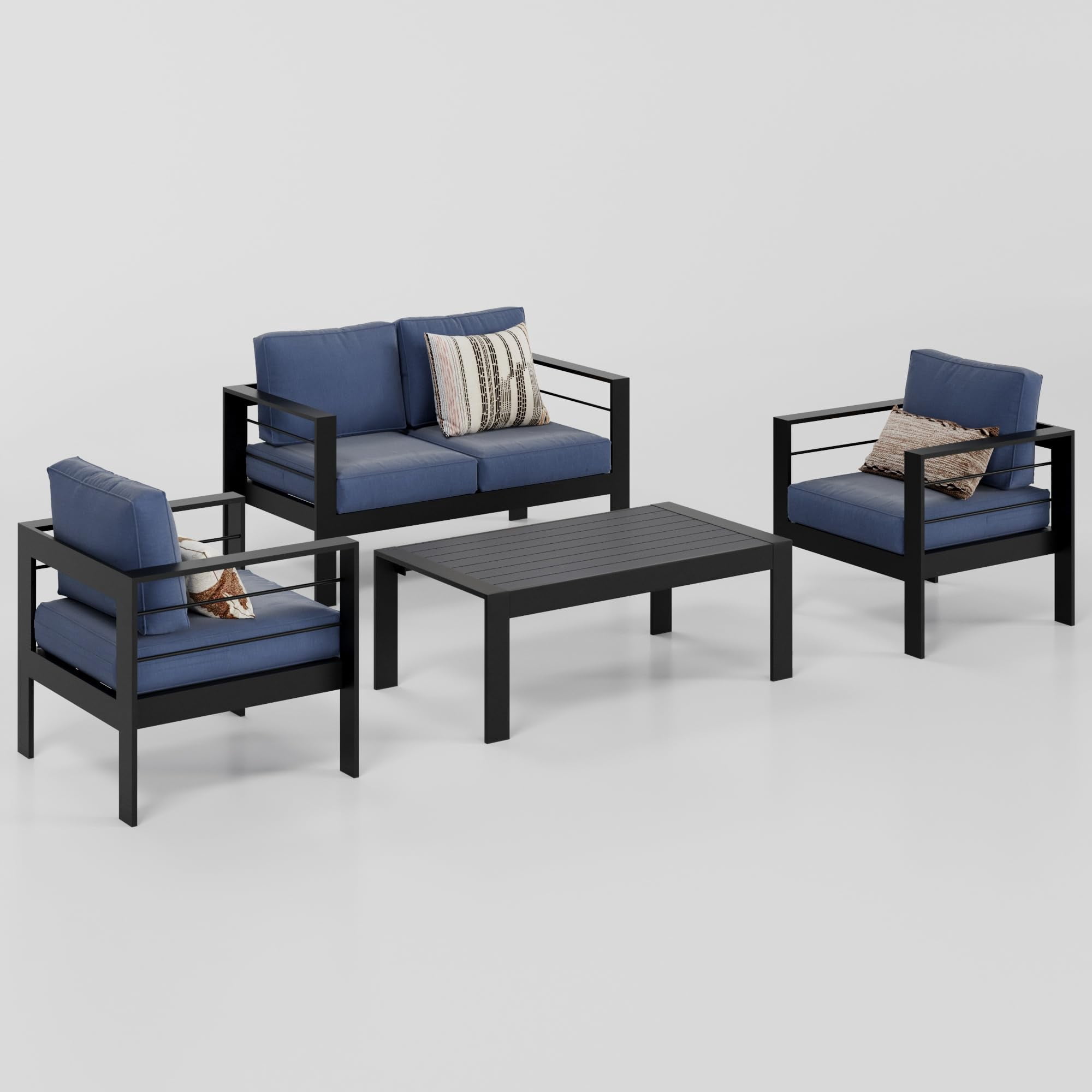 RoyalCraft Outdoor Patio Furniture Set, 4 Pieces Aluminum Sectional Sofa, Metal Patio Conversation Set with Loveseat, 5 Inch Light Grey Cushion and Coffee Table, Blue