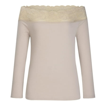 

Bospose Long Sleeve Shirt Women Corset Shirt Lace Top Stitch Sweatshirt Women S Fashion Solid Color Shoulder ing Slim Blouse Lady Solid Color One Shoulder ing Fit Top Khaki M
