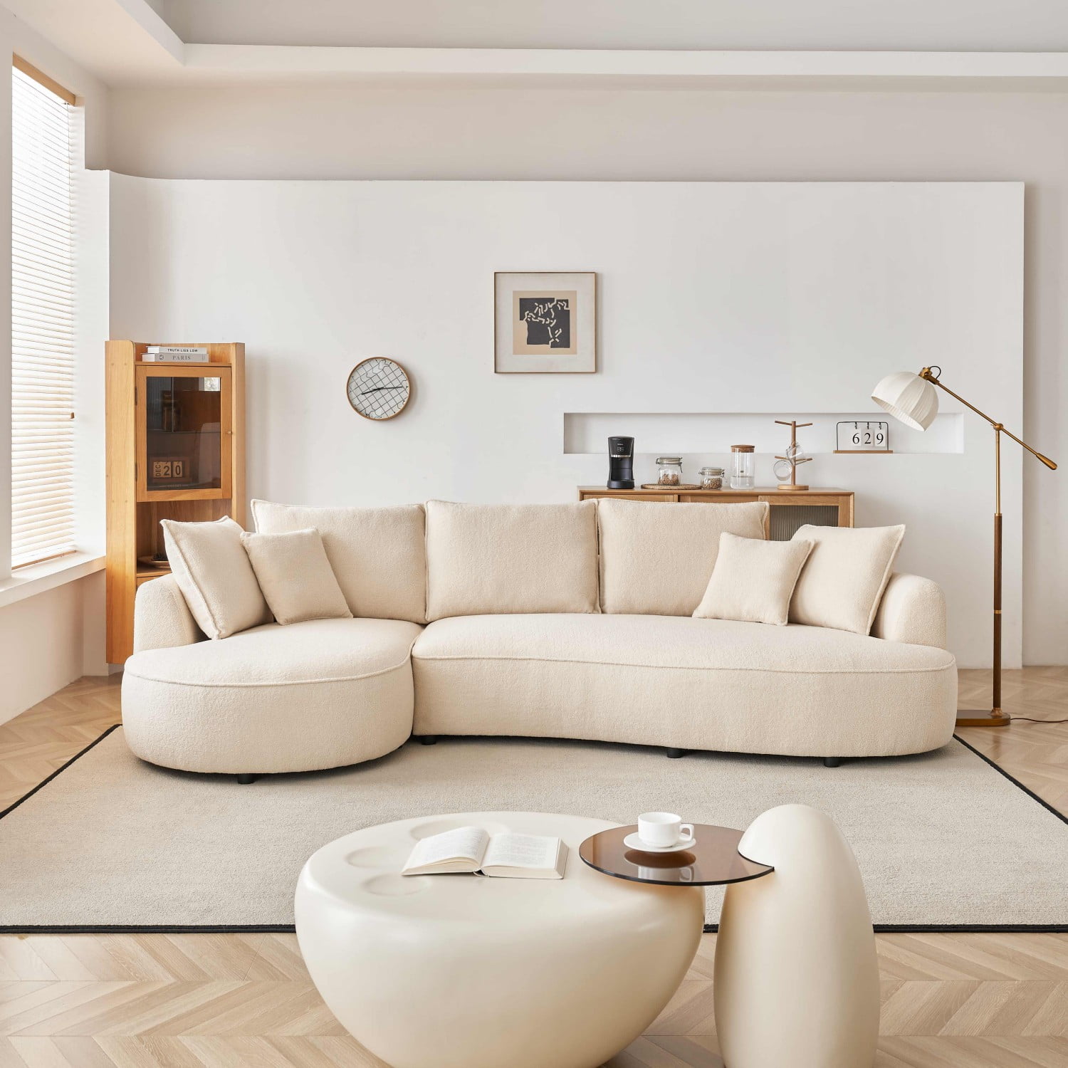 Gewnee 122.8" Curved Sofa Modern Curved Couch Living Room Modular Sectional Sofa, Mid Century Upholstered Couch Sherpa Boucle Fabric Sofa for Bedroom Apartment Left Hand Facing