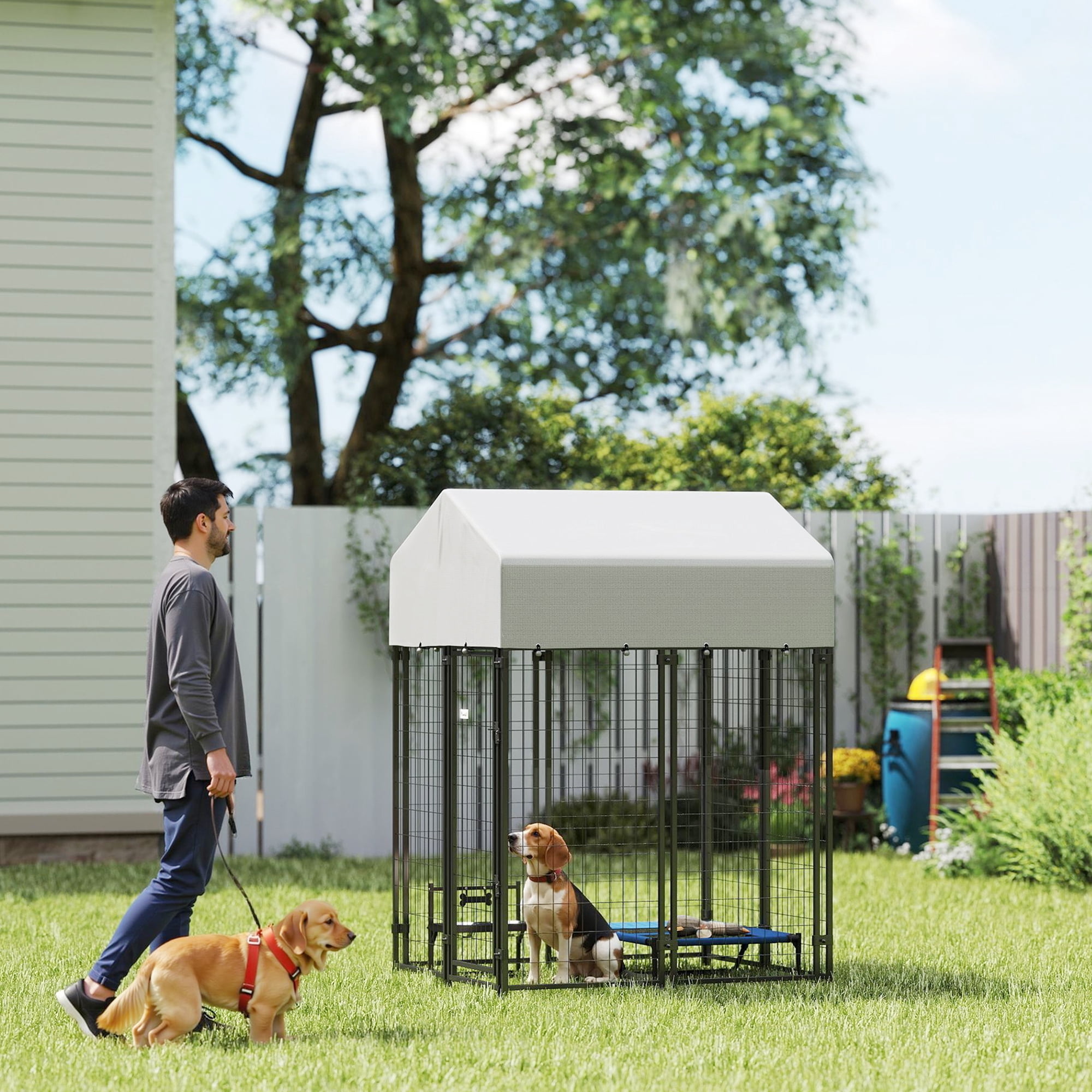Pawhut 4' x 4' x 6' Large Dog Kennel Outdoor Steel Fence with UV-Resistant Oxford Cloth Roof & Secure Lock
