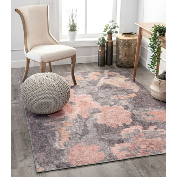 Well Woven Machine Washable Posh Flore, Pink And Grey Area Rug