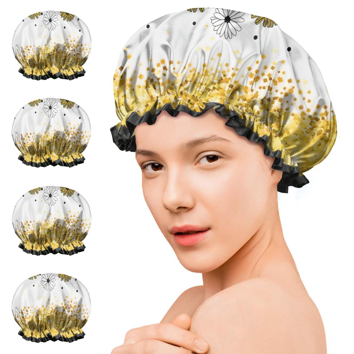 Shower Caps,White Butterfly Flower Dot Pattern Waterproof Shower Cap for Women 4 Pieces,Double Reusable Hair Cover for Shower PEVA Elastic Stretch Hem