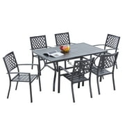 VICLLAX 7 Pcs Patio Dining Set, 1 Rectangular Dining Table with 1.57" Umbrella Hole and 6 Stackable Chairs