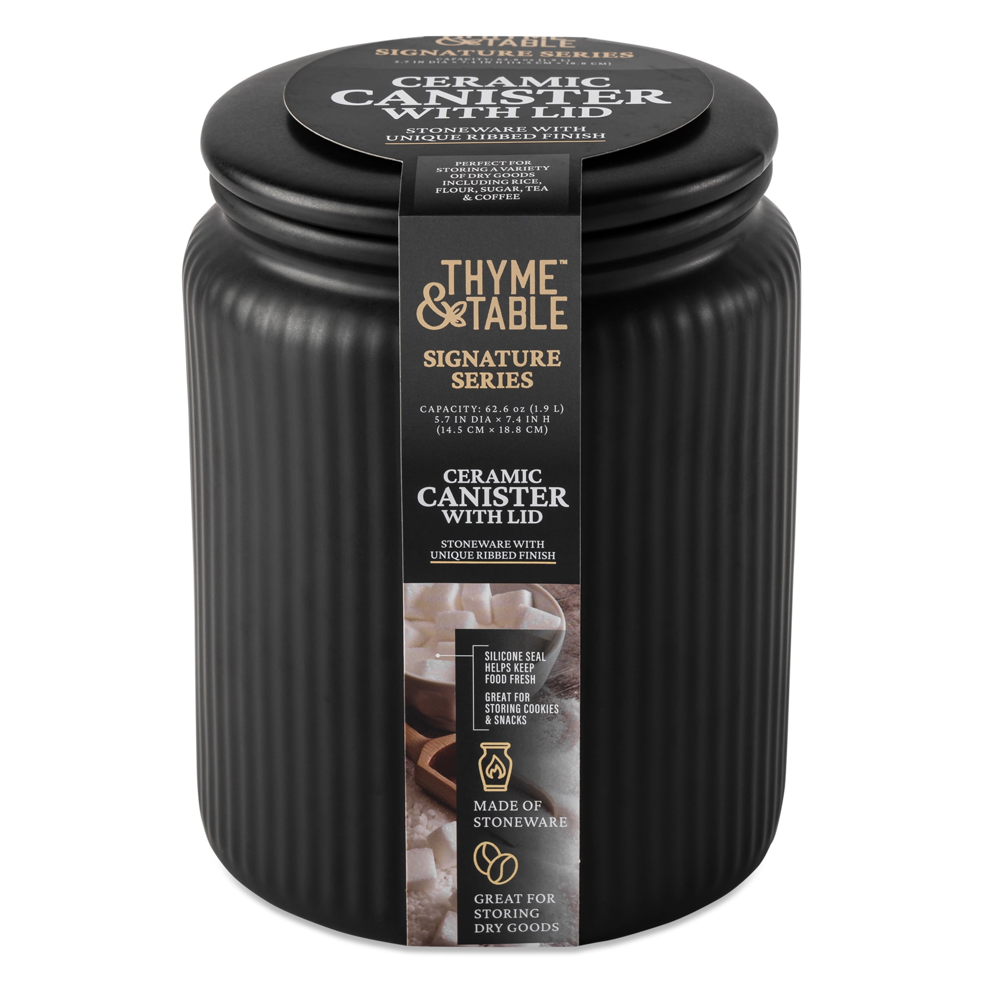 Thyme & Table Large (1.9 L) Ceramic Ribbed Kitchen Organization Jar, Multi-Purpose Kitchen Storage and Organization Solution