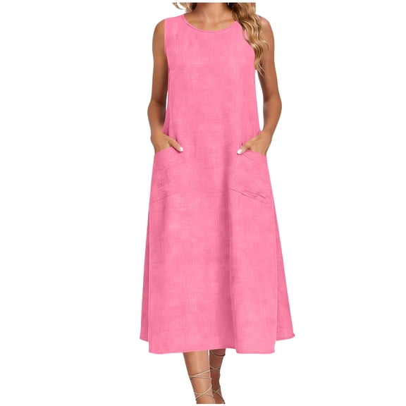 Linen Midi Dresses for Women Crew Neck Sleeveless Dress with Pockets 2026 Summer Beach Dresses Cover Ups Loose Fit Casual Spring Sundress Travel Vacation Outfits