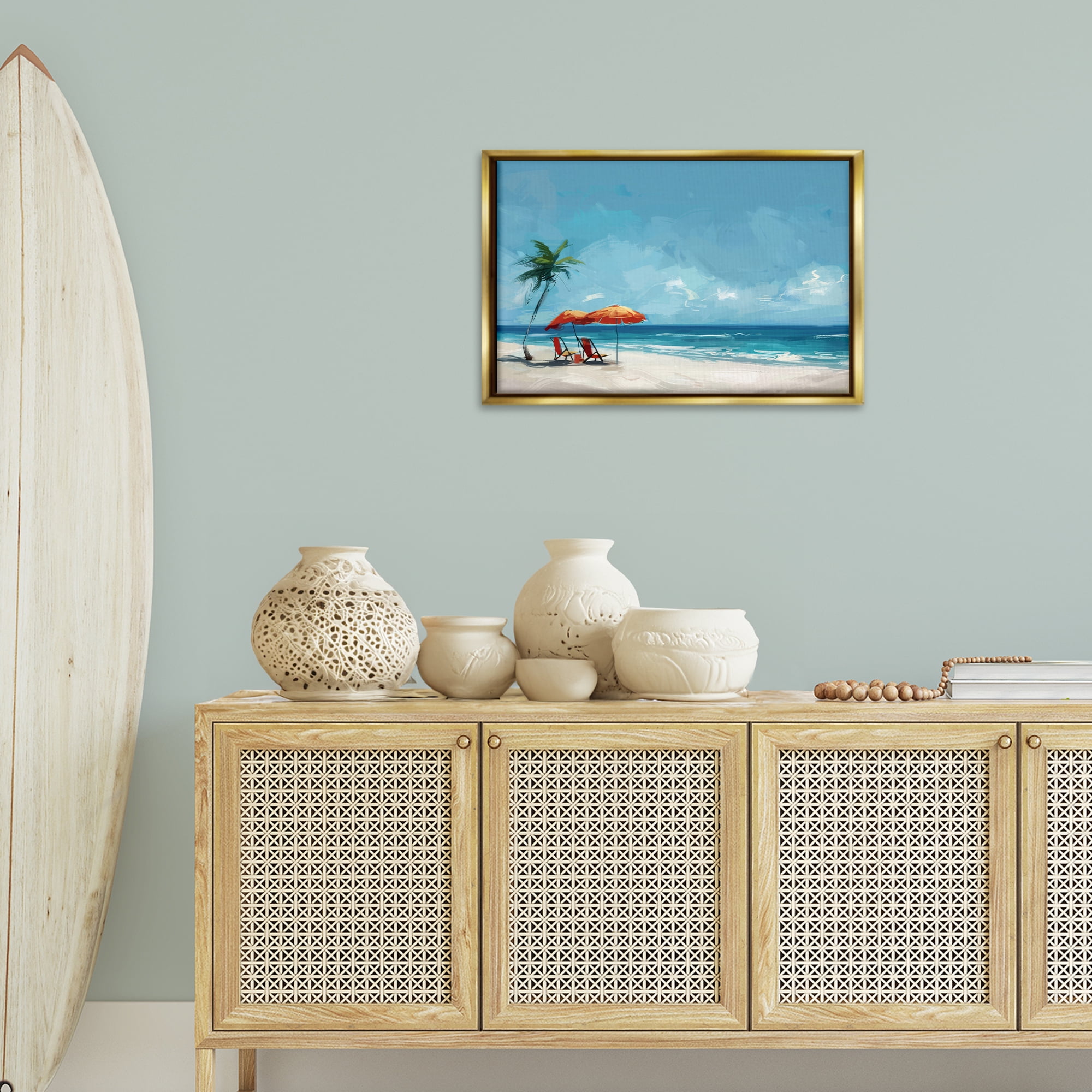 Stupell Industries Beach Chair Symphony Nautical & Beach Painting Gold Floater Framed Canvas Art Print Wall Art, 25 x 17