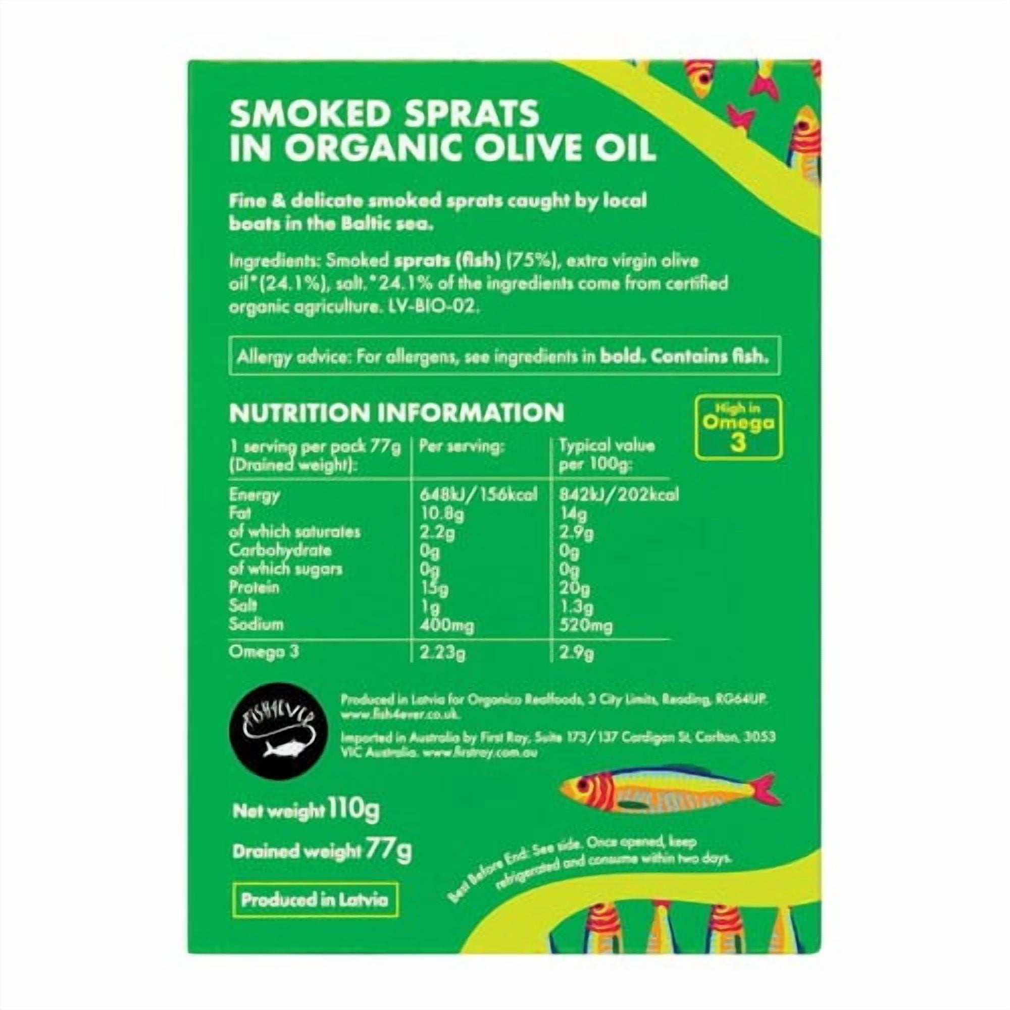 Fish 4 Ever Smoked Sprats in organic extra virgin olive oil 110g, British Import (Pack of 3)