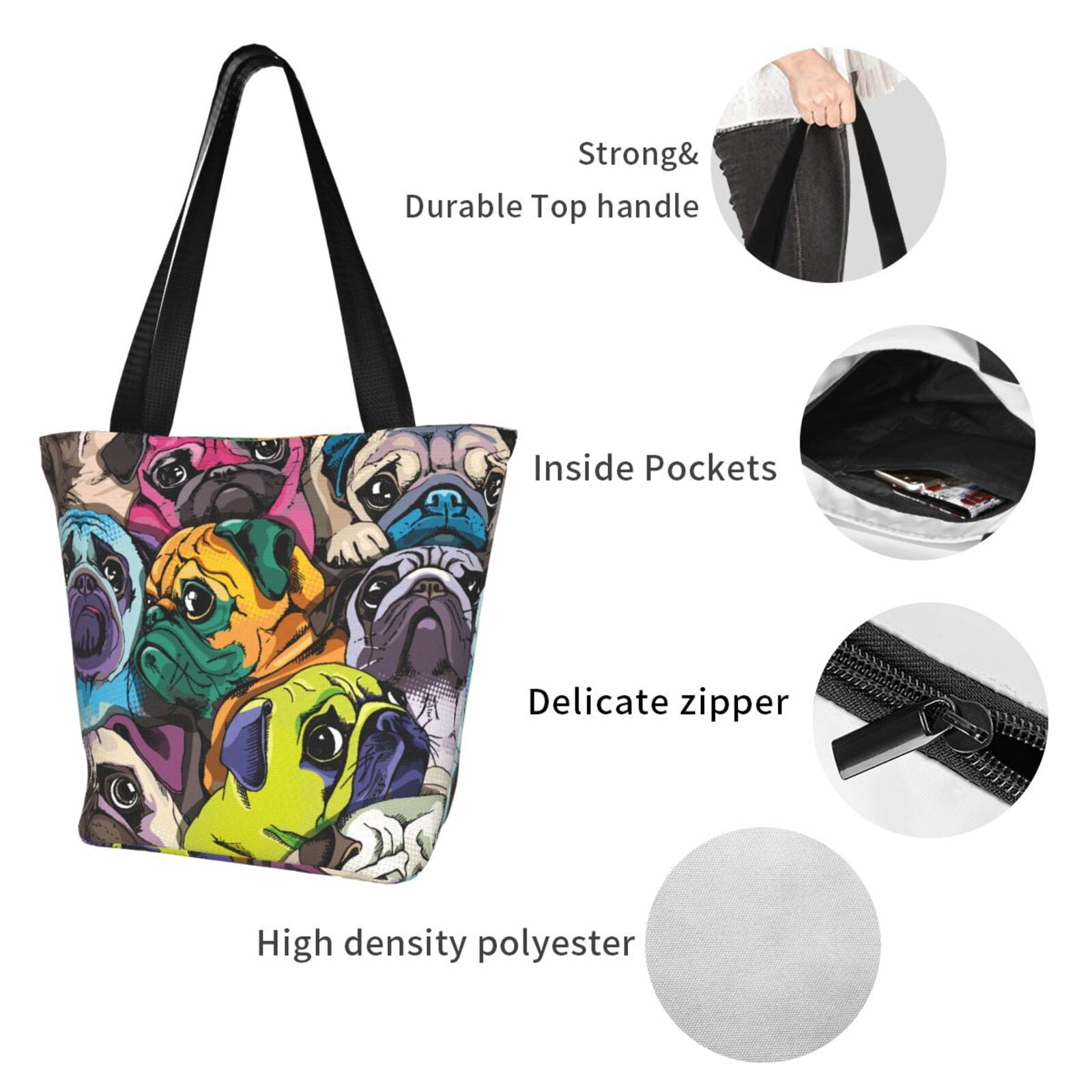 Ratiio Colorful Pug Print Shoulder Bag for Women, Polyester Crossbody Purse Lightweight Handbag for Daily Travel and Casual Use