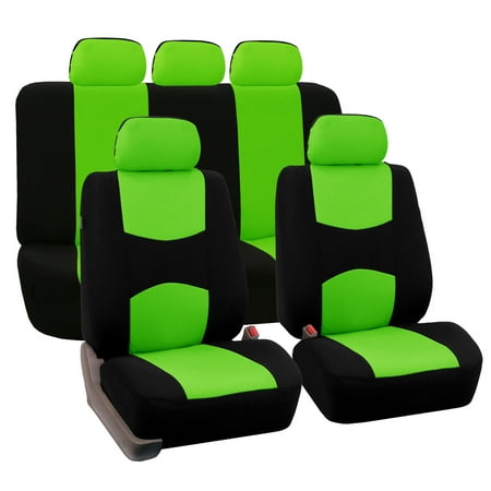 FH Group Universal Flat Cloth Fabric 5 Headrests Full Set Car Seat Cover, Green and Black