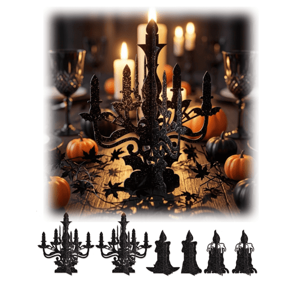 6Pcs Gothic Candelabra Table Decor Black Glitter 3D Candle Holder Cutouts Vintage Halloween Centerpiece Desktop Ornaments for Dinner and Party Table