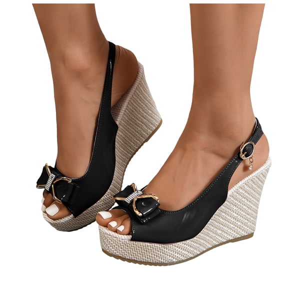 Rokment Bridal Glitter Rhinestones Bow Platform Wedge Dressy Sandals for Women Elegant Casual Leather Peep Toe Bowknot Espadrilles Chunky High Heel Wedding Slingback Dress Summer Shoes Black Size 6