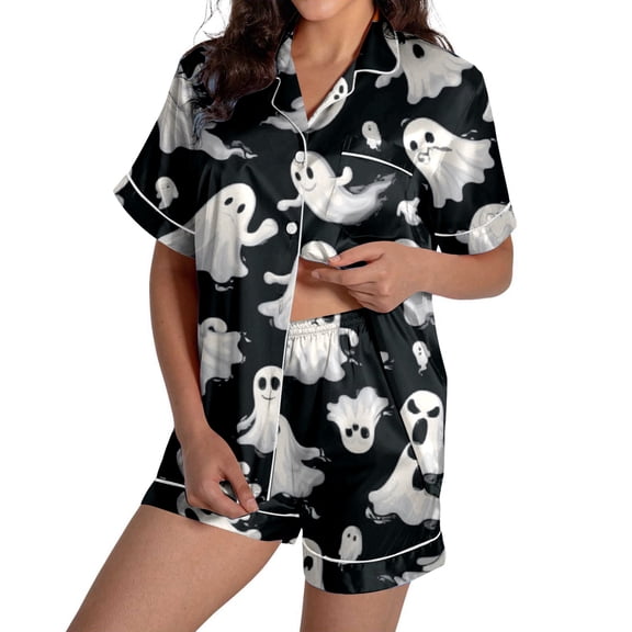 Womens Pajama Set Halloween Colorful Print Satin Button Front Top and Shorts Eye Catching Sleepwear Loungewear