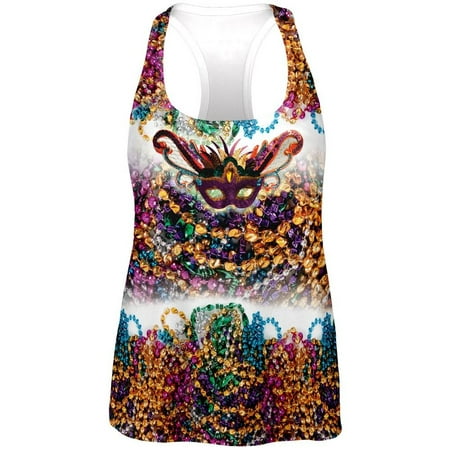 - Mardi Gras Trippy Mask Beads All Over Womens Racerback Tank Top
