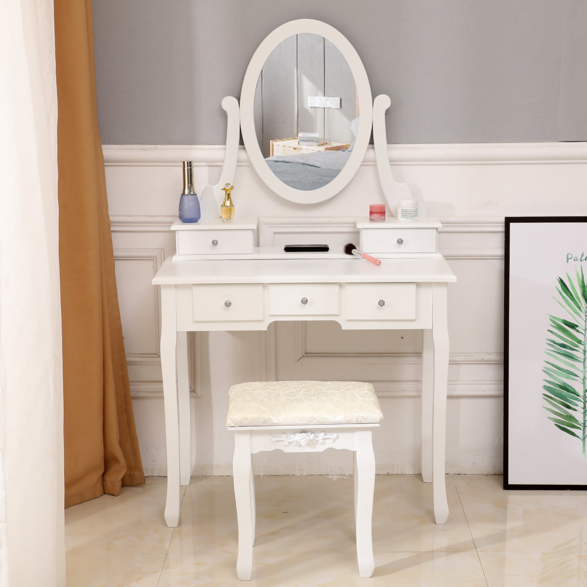 Vanity Table Set,Makeup Table with Oval Mirror & Stool White Bedroom Wood Dressing Table with 4 Drawers 