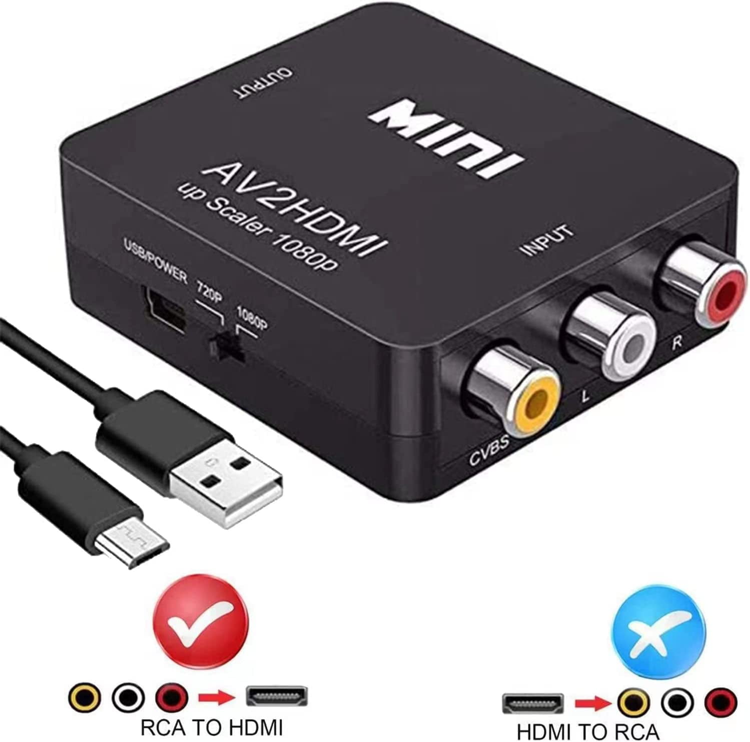 AV to HDMI Converter,AV to HDMI Converter, 1080P Mini Composite CVBS AV to HDMI Video Audio Converter Supporting PAL/NTSC for PC Laptop Xbox Wii PS2 PS3 TV STB VHS VCR Camera DVD