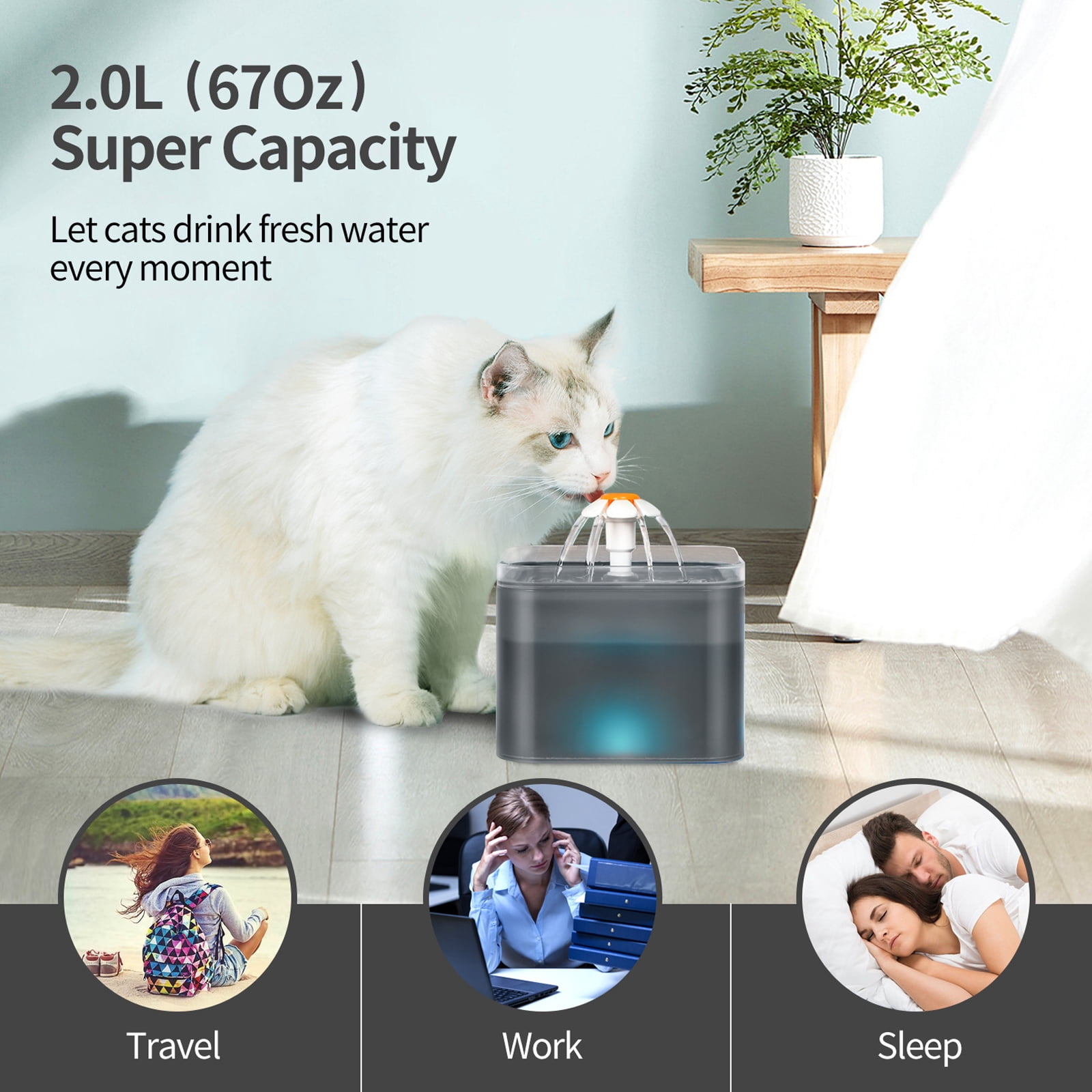 Cat Water Fountain, 2L/68oz Pet Water Fountain for Cats Inside, Automatic Dog Drinking Dispenser with Replacement Filters Quiet Pump LED Lights, Cats Dogs and Birds Use, Black