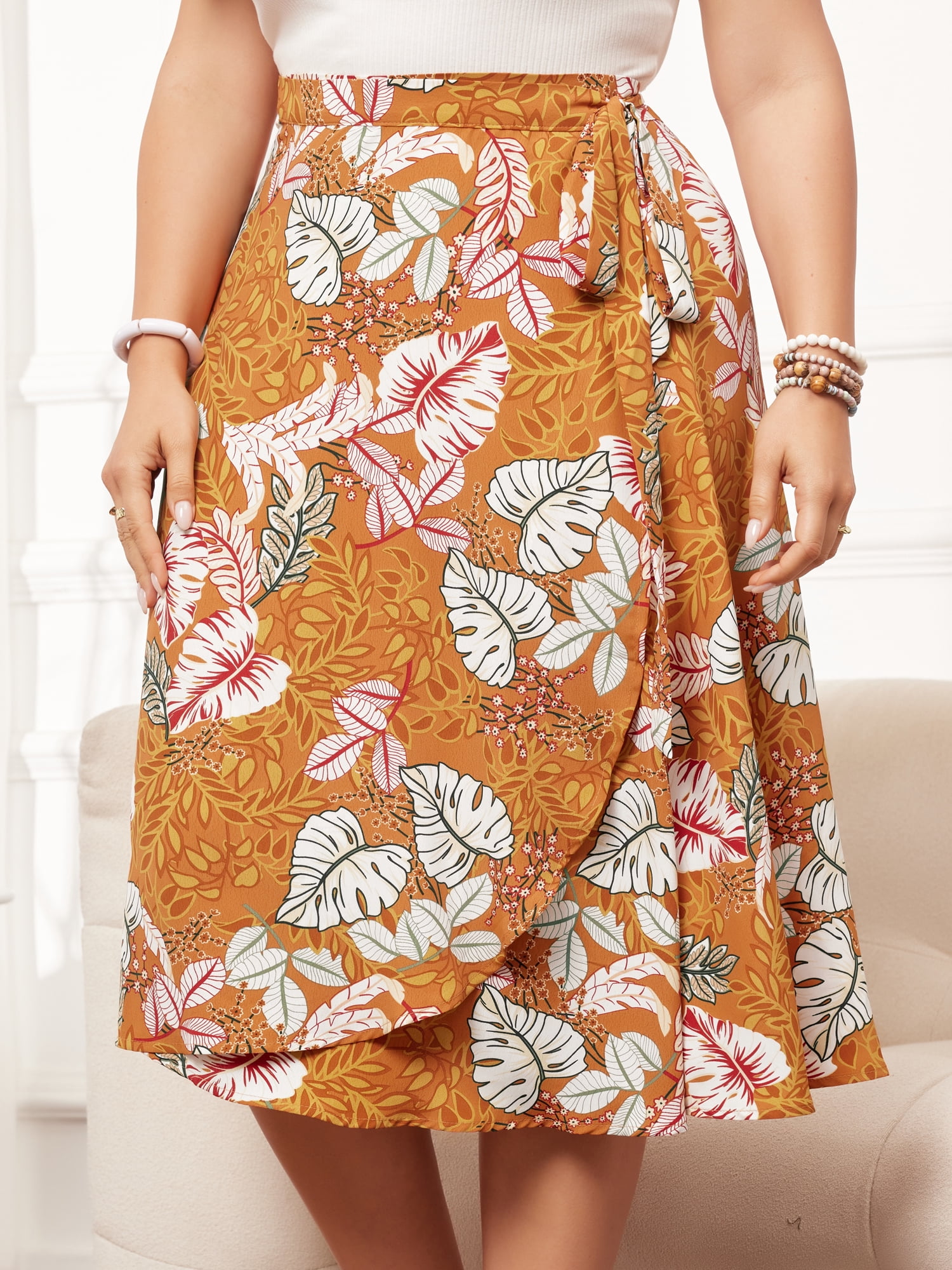 DARING DIVA Women's Plus Floral A Line Ruffled Hem Summer Midi Skirt 4X Orange