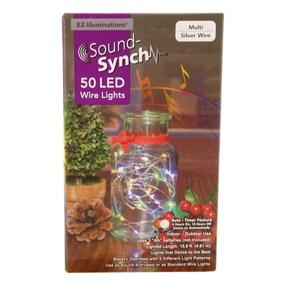 EZ-Illuminations Sound Synch LED Wire Lights (15.8 ft) String of 50 Lights That Sync with Music, 9 Different Patterns, Battery Powered Sound Activated Lights