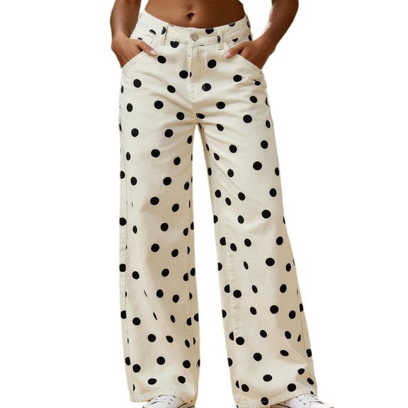YYDGH Women's Polka Dot Denim Pants High Waist Wide Leg Barrel Jeans Loose Fit Casual Y2K Boyfriend Jeans with Pockets Streetwear