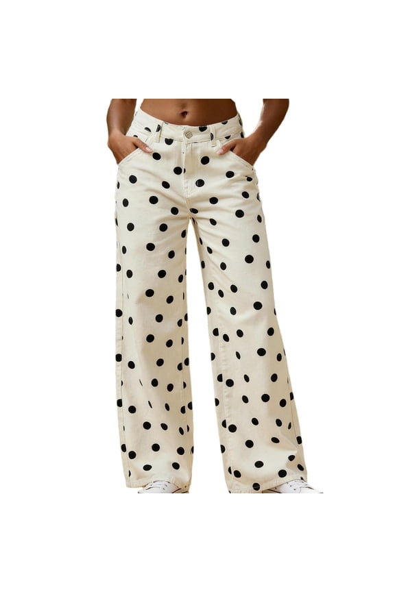 Wide Leg Pants for Women Dot Pattern Print High Waisted Jeans Casual Loose Pants with Pockets Womens Trousers