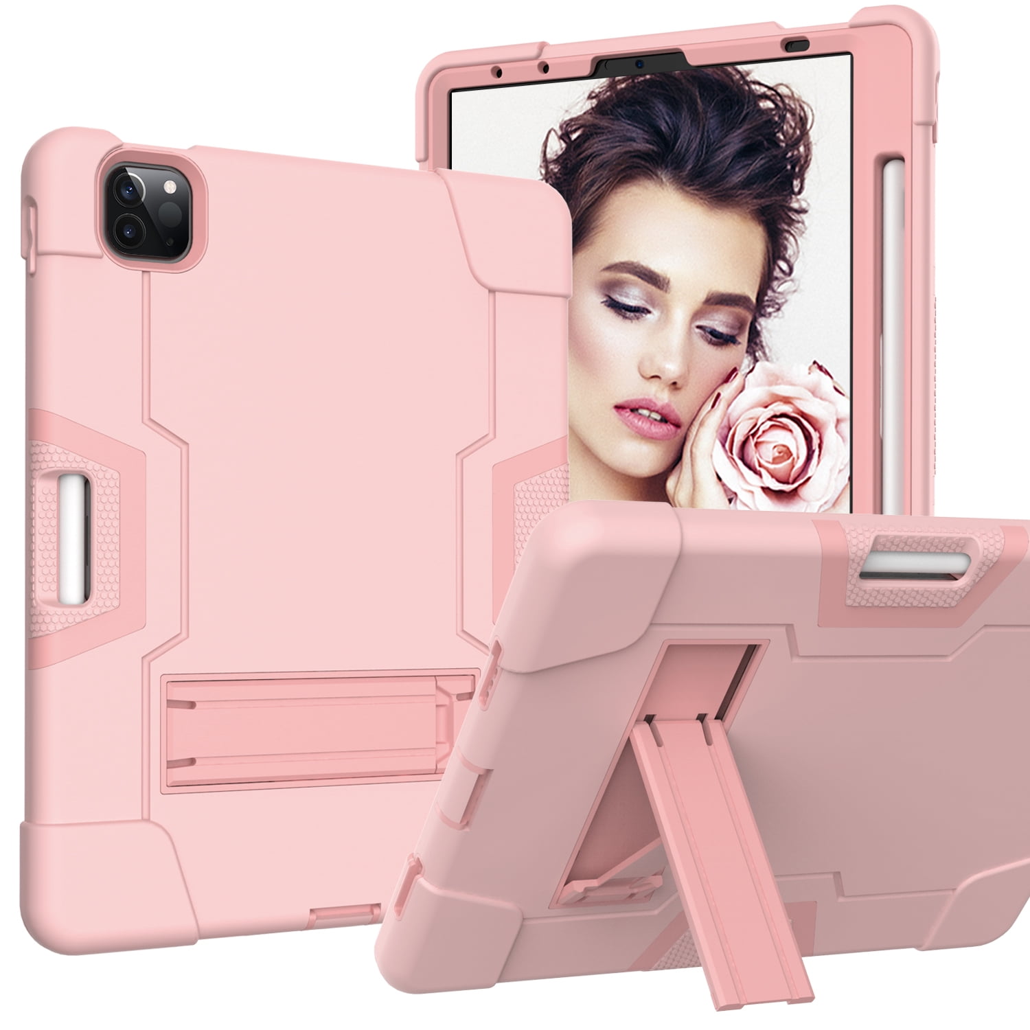 Case for iPad Pro 12.9 Inch 2021/2020/2018, Kickstand Shockproof Kids Proof Case Heavy Duty High Impact Resistant Hybrid Three Layer Rugged Defender Full Body Protection Case, Rosegold