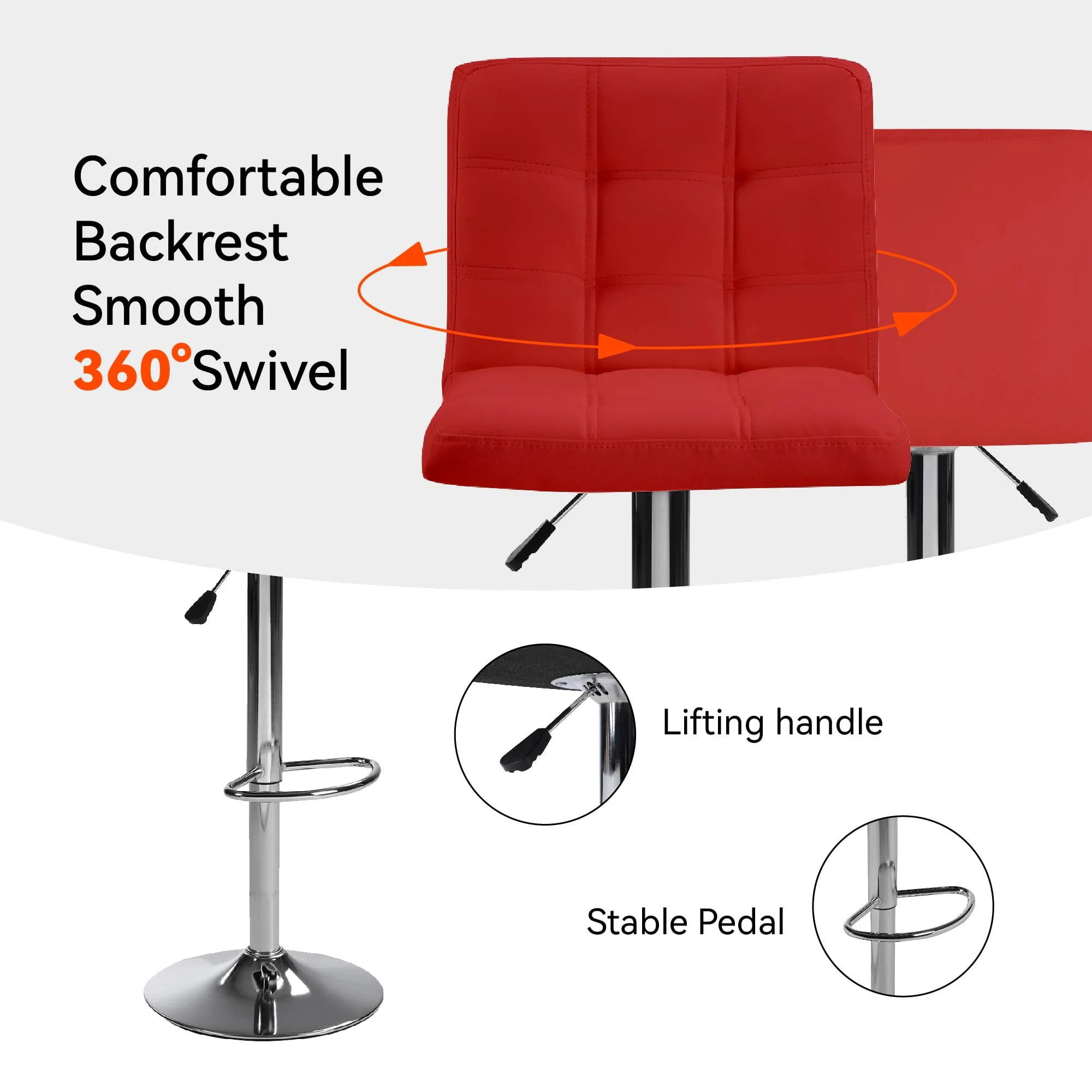 Aukfa Bar Stools Set of 2, Counter Height Adjustable PU Leather Swivel Bar Chairs with Back and Footrest for Kitchen and Dining Room, Red