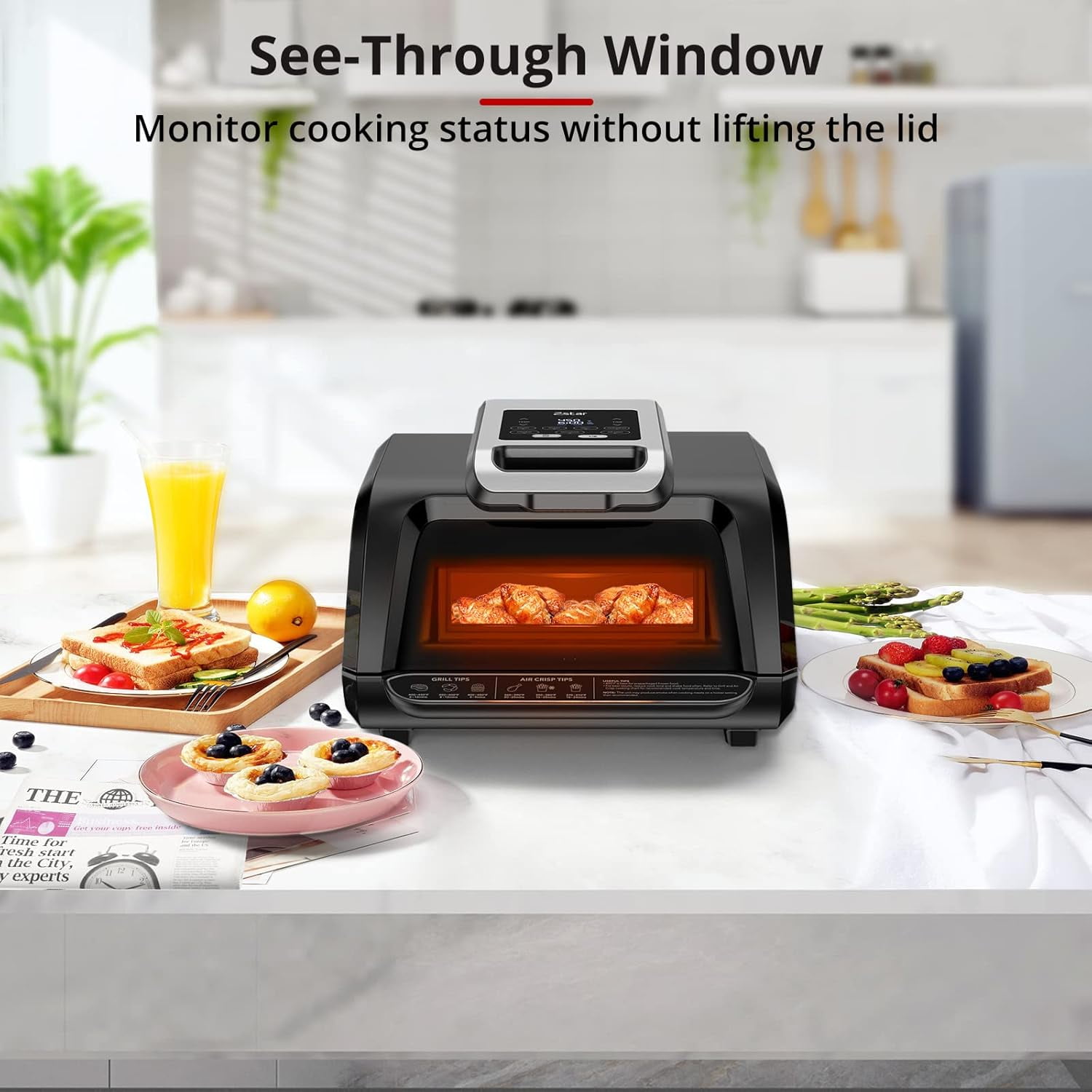 M optimized Indoor Grill Air Fryer Combo w/ See-Through Window, 7 in 1 Smokeless Electric Air Grill Up to 450°F, 1750W Contact Grill w/ Non-Stick Removable Plates, Even Heat, Silicon Tongs, 4Qt, Black