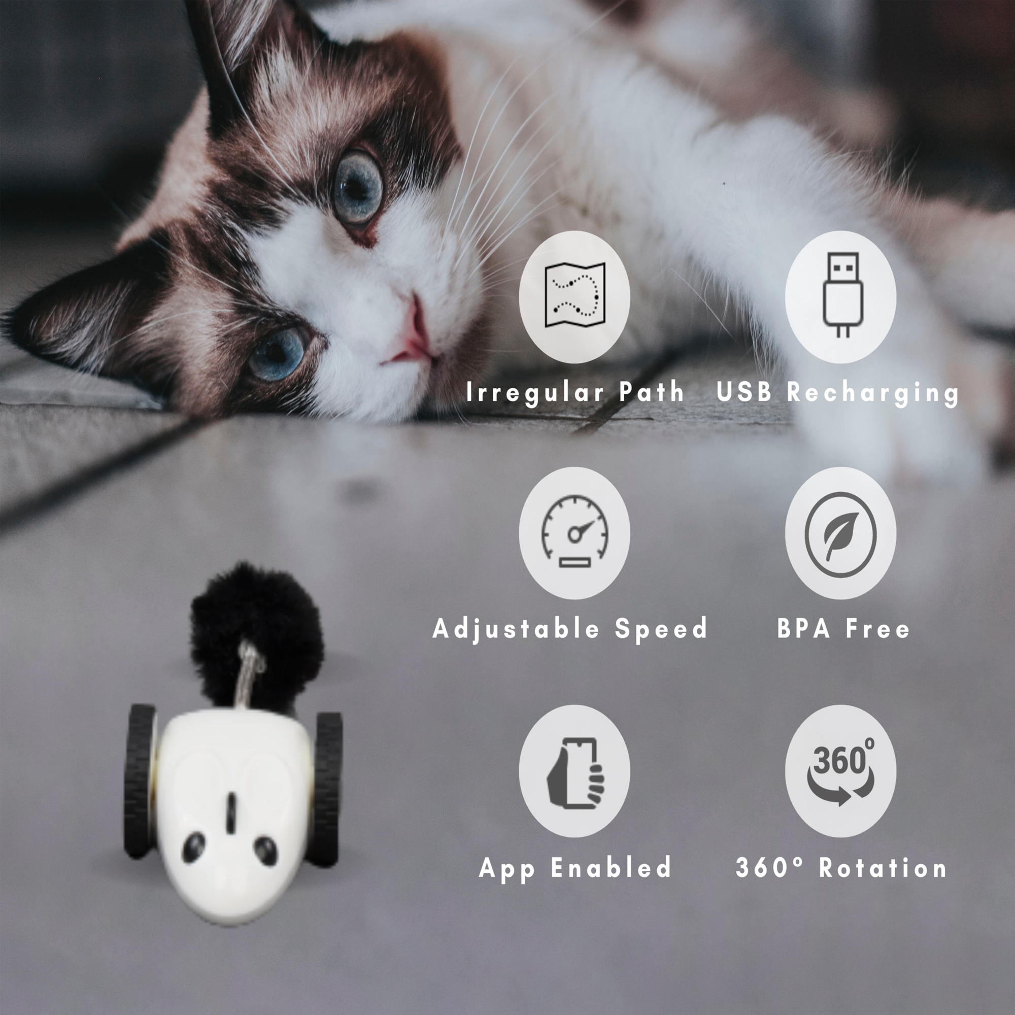 Instachew Purechase Smart Cat Toy, Interactive Automatic Mouse shaped Toy for Pets, App Enabled with Adjustable Speed, Flip Modes, Replaceable Plush Tail and USB Charging for Kittens and Dogs - image 2 of 8
