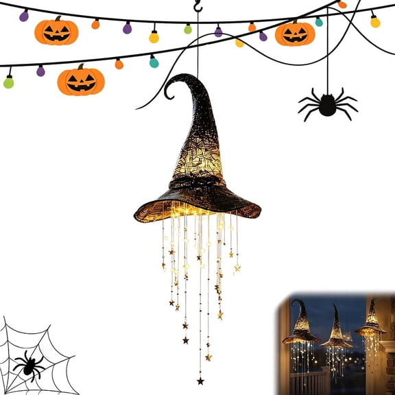 SeasonNest Lighted Witch Hat Hanging Chime LED Halloween Decor for Outdoor Porch