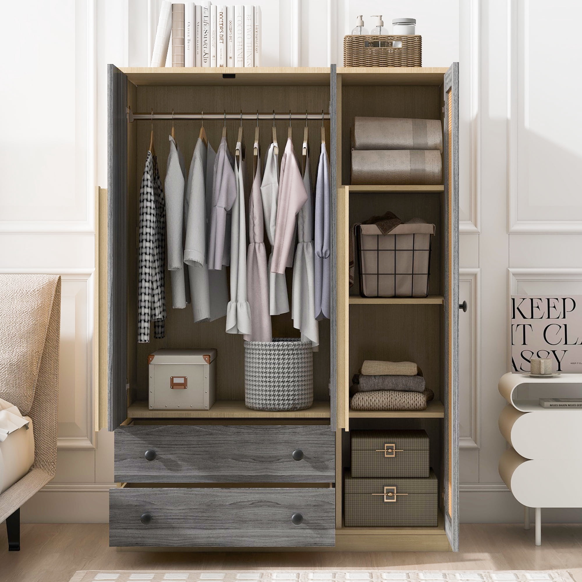 3-Doors Wooden Rattan Wardrobe Closet Storage, Wardrobe Armoire with 2 Drawers for Bedroom
