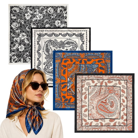 4 Pack Square Head Scarf for Women, 35in Lightweight Satin Hair Wrap Neck Scarf for Daily Beach Travel Festival