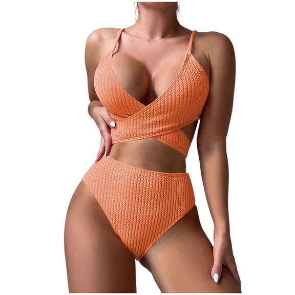 Bosfbaoi Swimsuit for Women 2-Piece High Waisted Bikini Set Ribbed Wrap Cross Tie Back Swimsuit Vacation Bikini Sets for Women